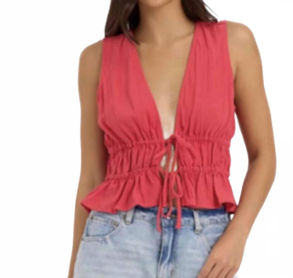 NEW OCEAN DRIVE v-neck tie front top in red